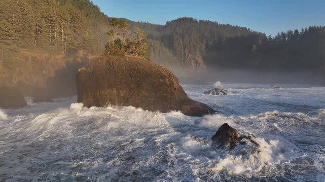 Aerial view of seashore of Brookings Natural Bridge in Oregon, USA