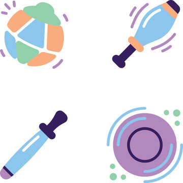 Four colorful flat design icons depicting various juggling and play items with motion lines.