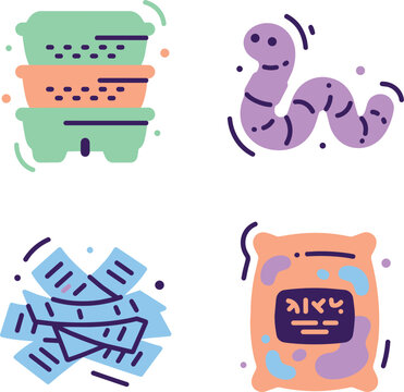 An illustration depicting various elements involved in the composting process, including stacked bins, a worm, shredded paper, and a bag of organic fertilizer.