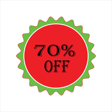 Red and green circular badge with 70% off text, scalloped edge