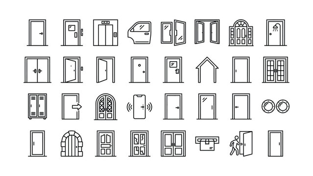 Diverse collection of door line icons representing entrances exits and access points in modern design vector illustrations