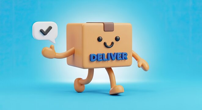 A cute cartoon box character with a speech bubble saying 'Deliver'
