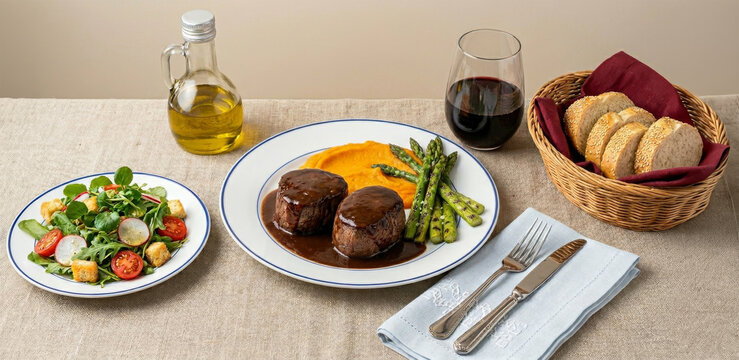 Filet mignon in Madeira sauce served with carrot pur&eacute;e and grilled asparagus, presented on a table with salad, a bread basket, and a glass of red wine