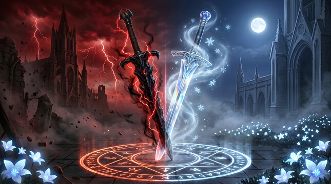 Dual swords of light and darkness clash above a glowing magical summoning circle in a gothic landscape with storms and moonlight for epic fantasy concept