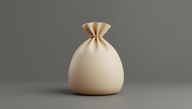Minimalist 3D render of a cream money bag tied with a gold rope isolated on a dark background.