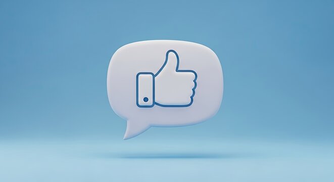 A white speech bubble with a blue outline containing a thumbs-up icon on a blue background.