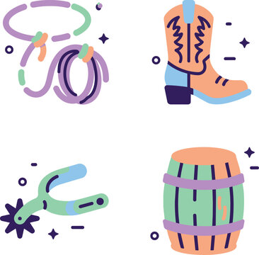 A collection of four colorful flat design icons representing cowboy and Western culture, including a lasso, a boot, a spur, and a barrel.