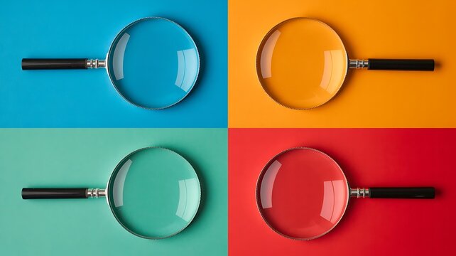 Magnifying glasses, colorful backgrounds, inspection tools, detective accessories, four squares