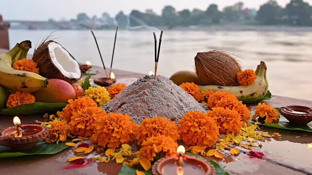 Vibrant hindu ritual items with lit diyas and flowers arranged by a calm river in a serene close-up shot.