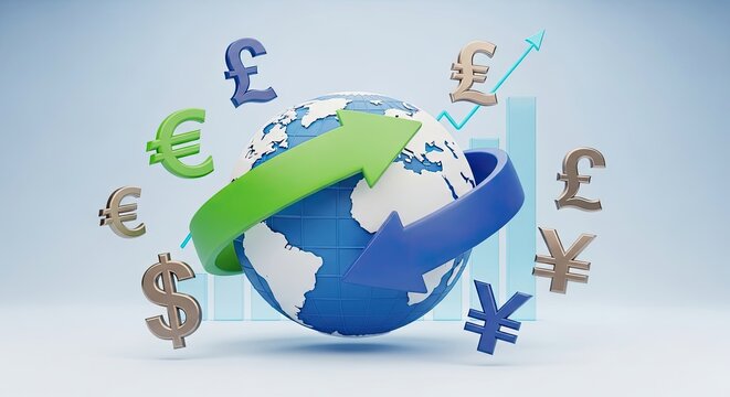 A globe with arrows and currency symbols, representing global economic trends.
