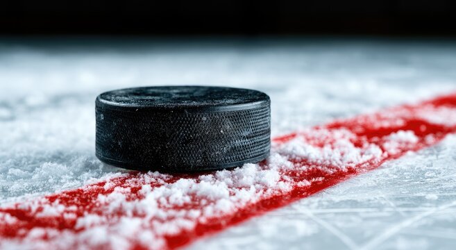 Black puck rests on icy surface, near a vibrant red line