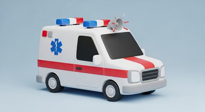 A cartoon ambulance with red and white stripes and blue lights on a blue background.