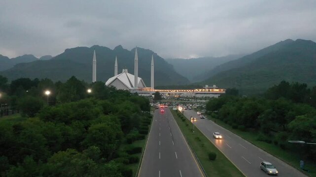Wide Aerial View of Faisal Mosque Islamabad with Margalla Hills and City Skyline