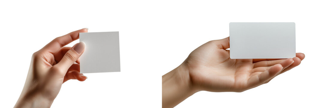 Hands holding blank white cards in different positions isolated on transparent background