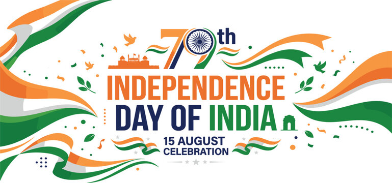 Happy India Independence Day Horizontal Banner Featuring 79th Year Anniversary Text with Tricolor Ribbons, India Gate, Red Fort, and Celebrating Family Vector Illustration