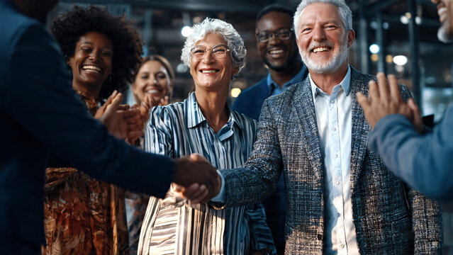 Diverse business team expressing excitement and unity following a successful agreement and strategic negotiation outcome, professionals exchanging handshakes. 