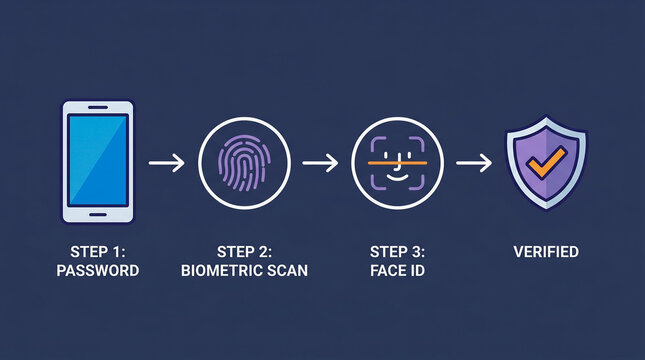 Multi-factor authentication workflow showing password, biometric scan, facial recognition, and identity verification for enhanced digital security.