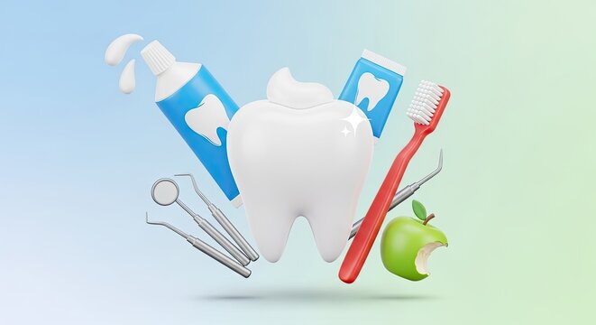 A toothbrush and toothpaste on a blue background with a green apple and a green leaf.
