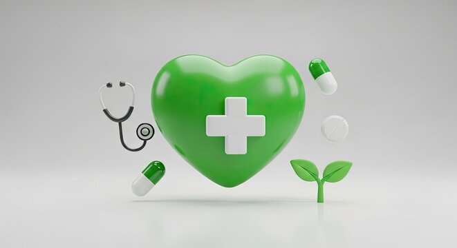 A green heart with a white cross on it, surrounded by green pills and a green leaf, against a white background.