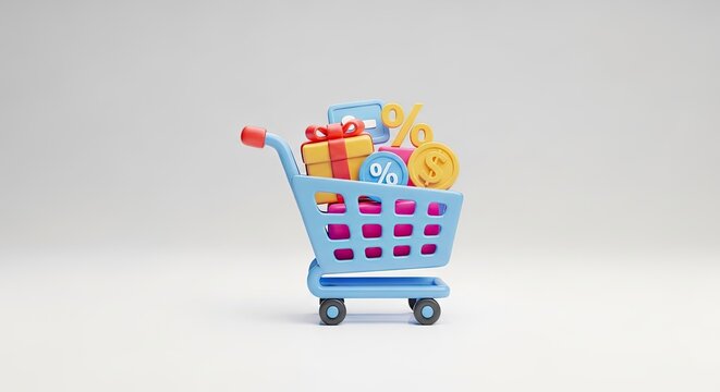 A blue shopping cart filled with gift boxes, coins, and a percentage symbol.