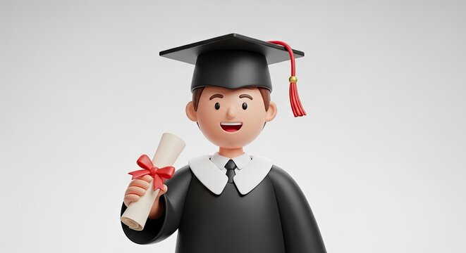A 3D-rendered cartoon character in a graduation gown holding a diploma.