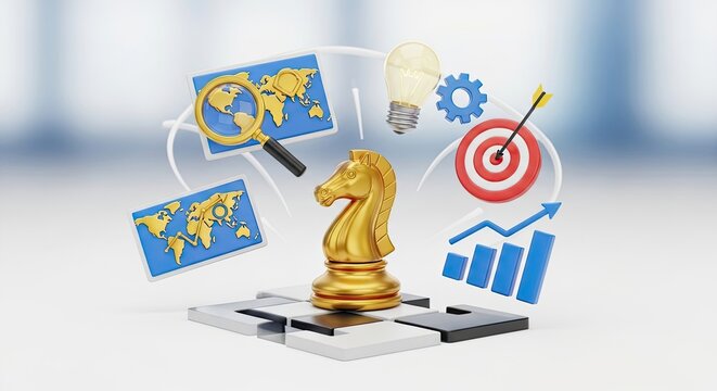 A golden chess knight figure surrounded by a magnifying glass, light bulb, gears, and a target with an arrow in a 3D rendering.