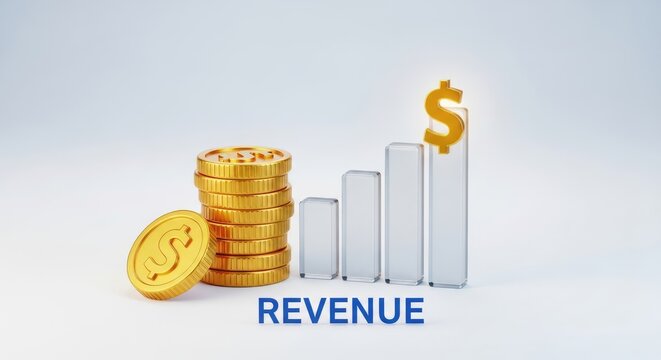 A stack of coins and a stack of bars with a dollar sign on top, representing financial growth or revenue.