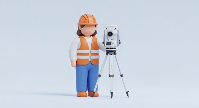 A female construction worker standing next to a surveying instrument on a blue background.