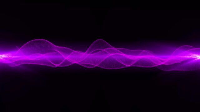 Digital wave form animation with glowing purple light particles and connected dots forming a futuristic technological network on a dark background, dynamic neon soundwave motion and elegant flow