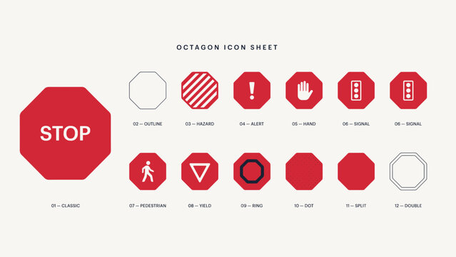 Geometric octagon stop sign variations &ndash; Perfect for traffic safety warning guides, restricted area notices, or caution graphics.