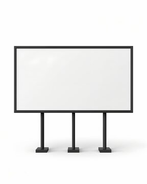 A blank billboard sign with a white screen in the center, framed by a black border and supported by three black pillars