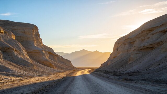 Desert road between rocky cliffs at sunset