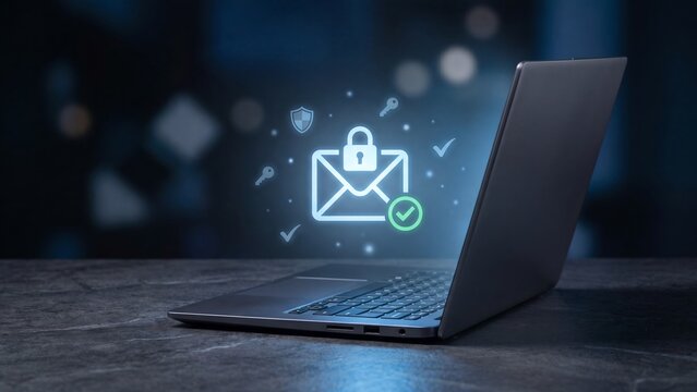 Laptop with glowing secure email envelope, padlock, shield and key icons, email security, encrypted message, data protection and secure online communication technology concept