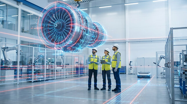 Engineers analyze a futuristic jet engine digital twin hologram inside a modern smart factory manufacturing facility using augmented reality