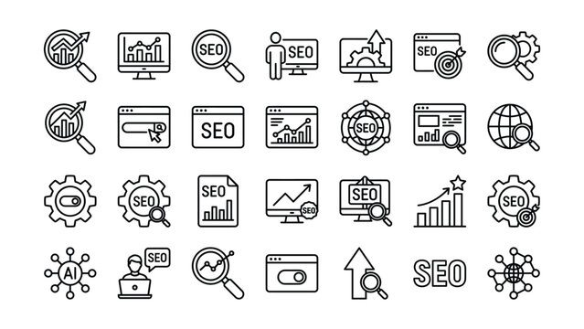 A comprehensive set of modern line icons depicting search engine optimization and digital marketing strategies for online business growth and web analytics