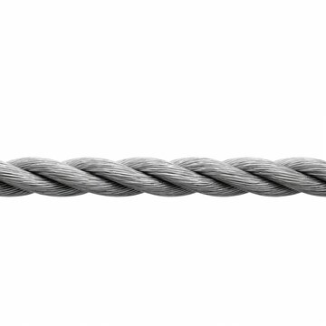 A close-up, horizontal shot of a tightly wound steel cable, showcasing its braided texture and strength. The metallic gray cable stands out against a stark white background.
