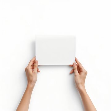 Two hands holding a blank card or paper. The background is plain white, emphasizing the hands and the card itself. This image can be used for various purposes, such as announcements, messages.