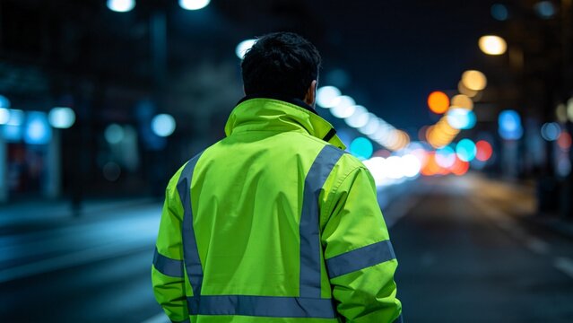 Person in high visibility jacket on street