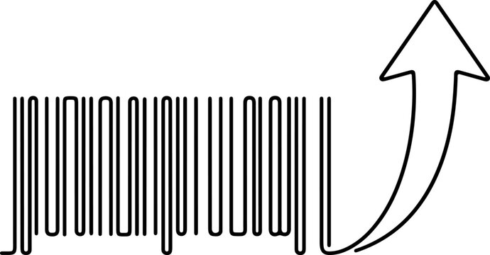 Illustration of barcode strip turning into an upward arrow, retail data scan, hand drawn outline vector illustration.