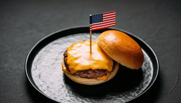Gourmet cheeseburger with small American flag on black plate