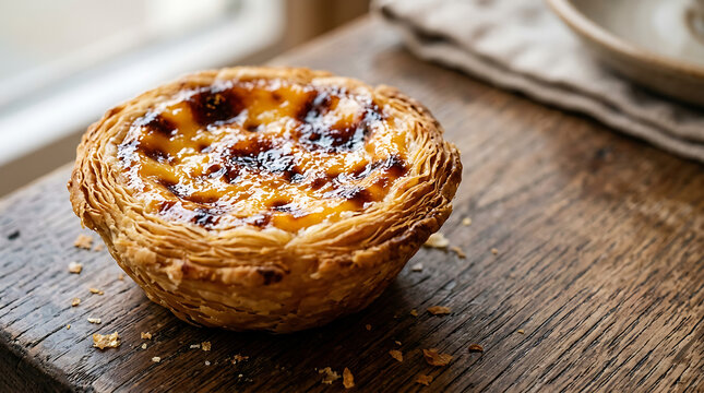 Golden, flaky Portuguese custard tart, a delectable sweet pastry with caramelized top, served on rustic wood