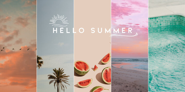 Summer collage with palm trees, watermelon, ocean sunset and swimming pool