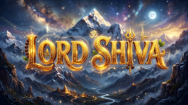 Golden Lord Shiva 3D Typography Banner with Trishula and Om Symbol Against Mount Kailash and Cosmic Sky