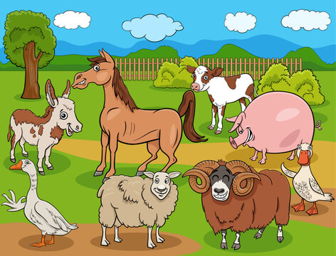 funny cartoon farm animals comic characters group