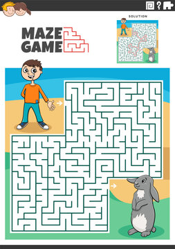 maze puzzle game with cartoon boy and miniature rabbit