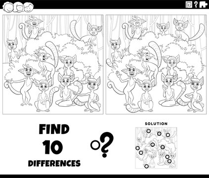 differences activity with cartoon lemurs animal characters group coloring page