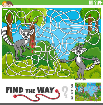maze activity game with two cartoon lemurs animal characters
