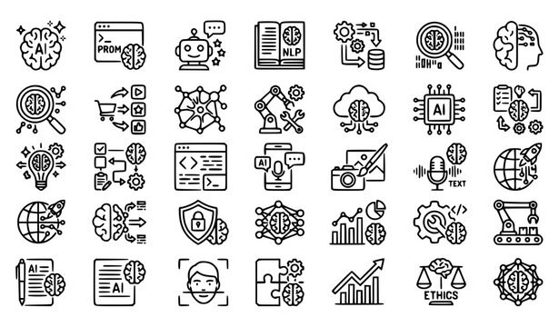 Modern AI and Generative Intelligence Line Icons Collection for Digital Innovation Vector Set