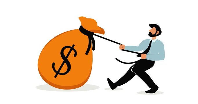 Animated vector illustration of a businessman pulling a sack of dollar bills using a rope, depicting a businessman who is trying hard to get money or make a lot of profit.
