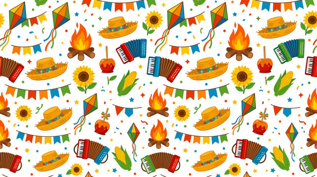 Festive festa junina pattern with bonfire hat and accordion